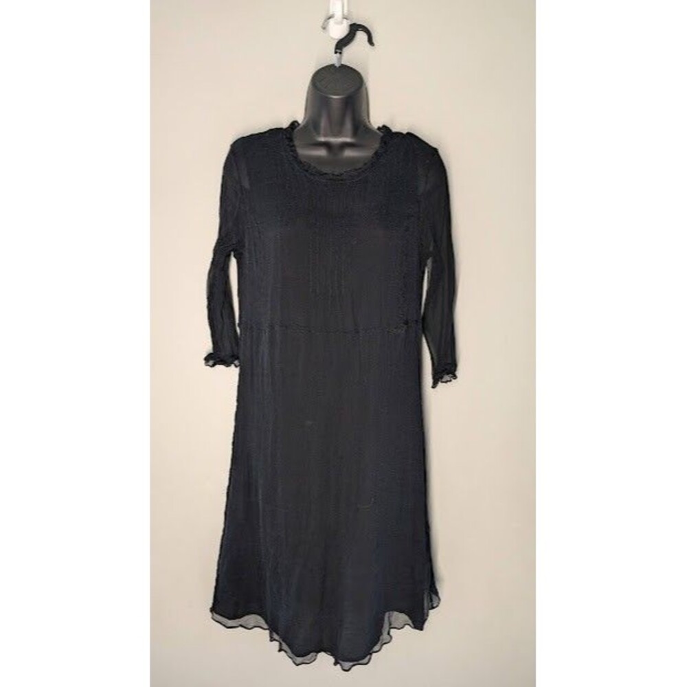 J Jill Womens Black Silk Midi Dress Size 14 Sheer Sleeve Button Back